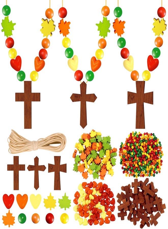 Eternity sky 27Pcs Fall Crafts for Kids - Thanksgiving DIY Religious Wooden Cross Beads Christian Necklace Kit for Autumn Sunday School Classroom Supplies - Image 1